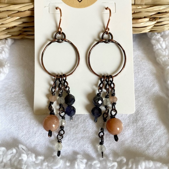 Iolite + Moonstone Handcrafted Copper Earrings - Picture 3 of 7